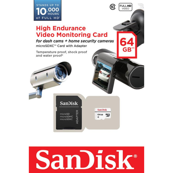 Карта пам'яті SanDisk 64 ГБ microSDXC C10 W20 МБ/с Висока витривалість для відеоспостереження
